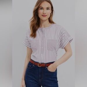LOFT Short Sleeve Henley Button Up Striped Blouse- XSP